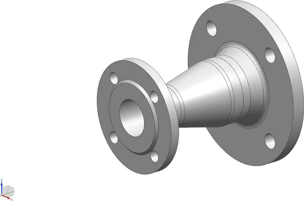 Bosch Pumpenanschluss mit flanschierter Verbindung, konisch geformt, zur Installation in Rohrsystemen. Sichtbare Bohrungen für Befestigung.